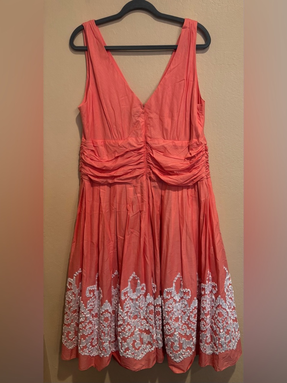 Coral V-neck Midi Formal Dress, w/ White Satin-like Detailing, Size 18W - Picture 6 of 10